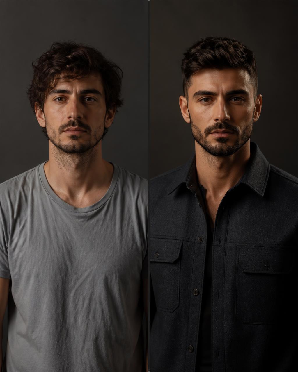 Side-by-side example of a man's current look next to his upgraded look