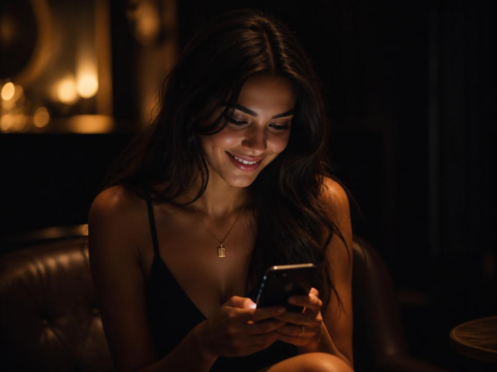 Woman smiling while browsing a dating app on her phone