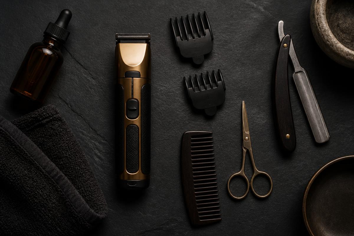 Flat lay of beard trimming tools on dark slate: trimmer with guards, straight razor, scissors, comb, beard oil and towel