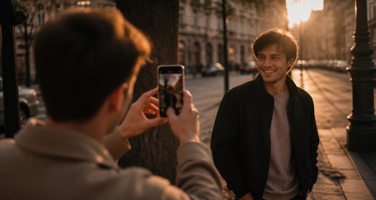 A man photographing his friend on a smartphone on a city street at golden hour