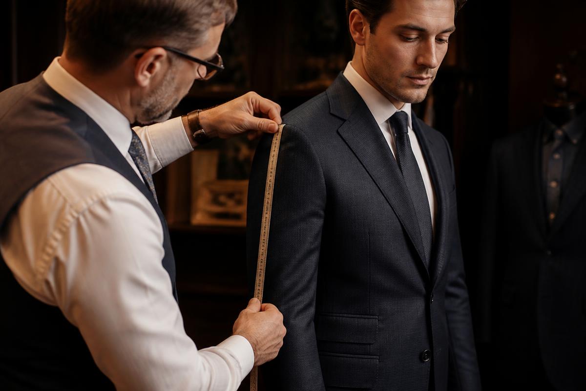 Tailor measuring the shoulder seam of a dark jacket on a man in a fitting room