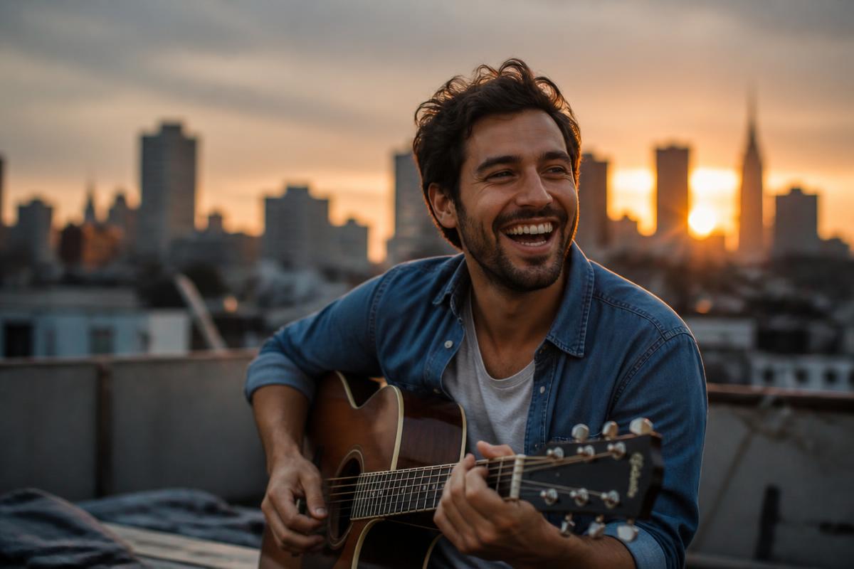 Man laughing while playing guitar on a rooftop at sunset with a blurred city skyline behind him
