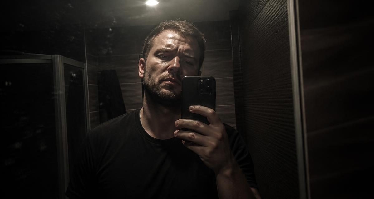 Man taking a mirror selfie under harsh overhead bathroom lighting, hard shadows across his face