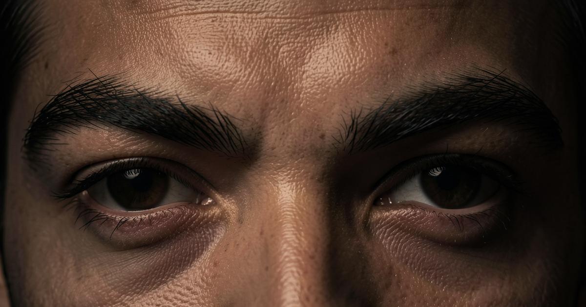 Close crop of a man's eyes and well-groomed natural eyebrows under warm side lighting