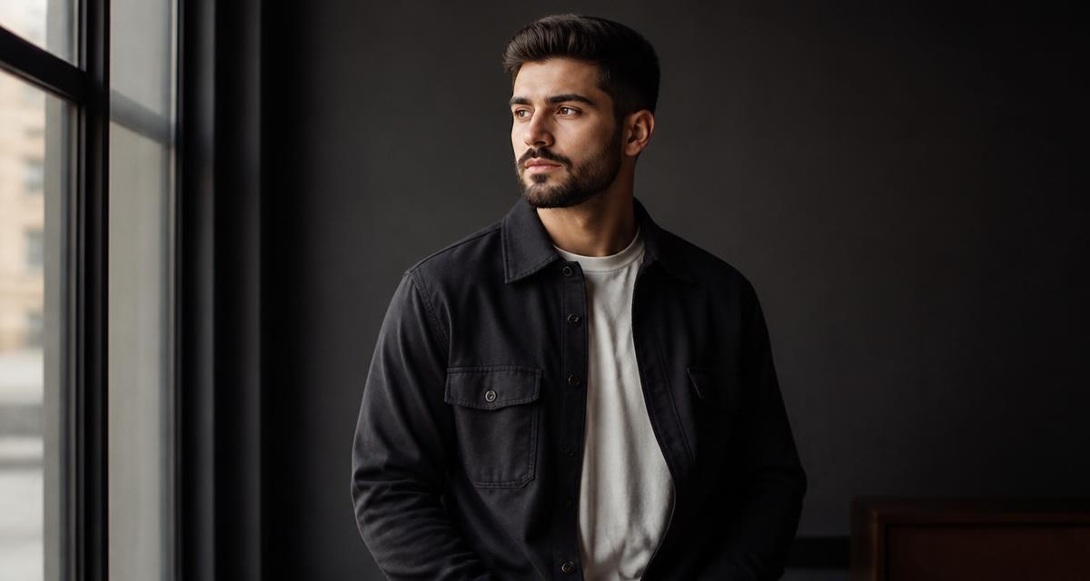 Well-groomed man in a fitted dark overshirt standing in natural window light
