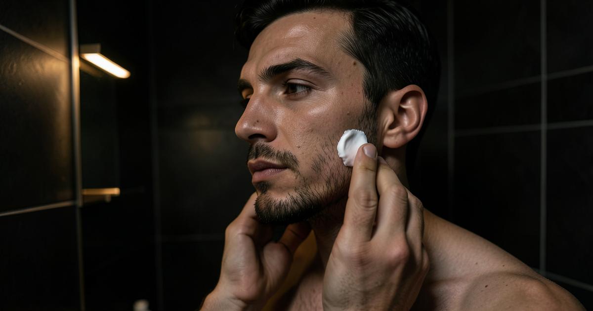 Man applying moisturiser to his jaw in a dimly lit bathroom with warm accent light