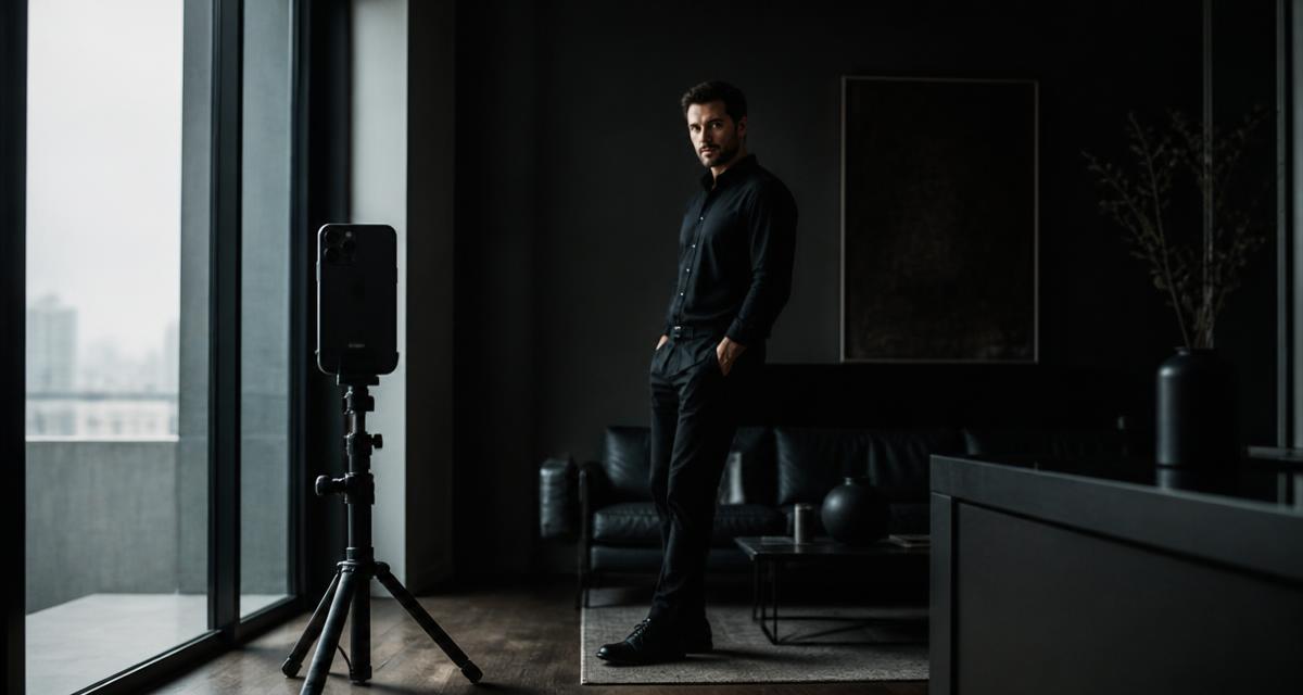 Smartphone on a small tripod by a large window with a man standing a few metres away in soft daylight