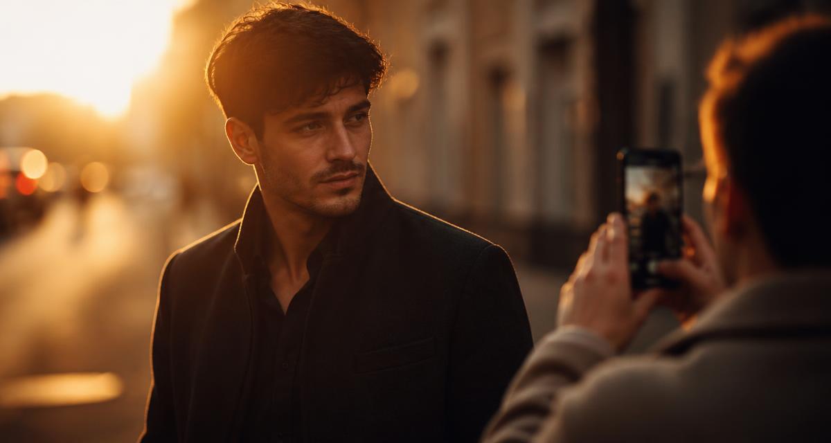 A man in a dark jacket photographed by a friend on a city street at golden hour, warm rim light behind him