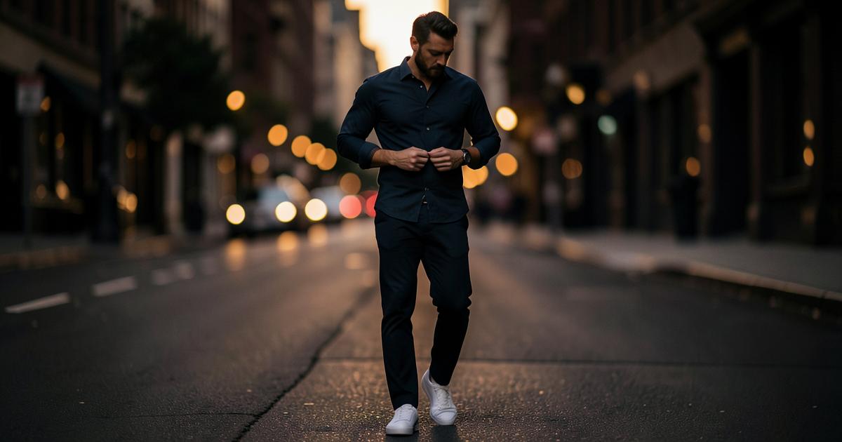 Man in a fitted navy shirt and white sneakers adjusting his jacket on a city street at dusk